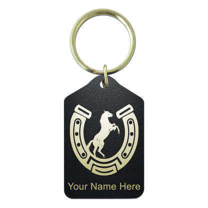 Black Metal Keychain, Horseshoe with Horse, Personalized Engraving Included