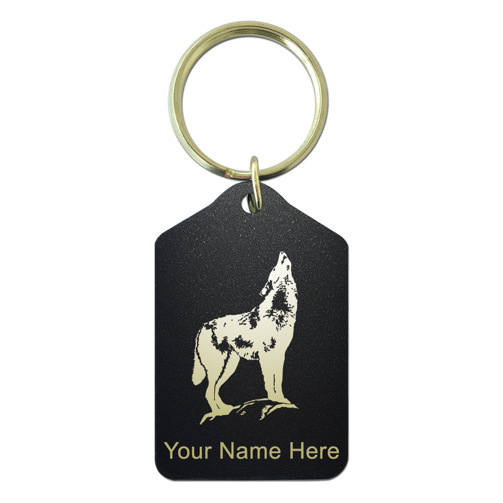 Black Metal Keychain, Howling Wolf, Personalized Engraving Included