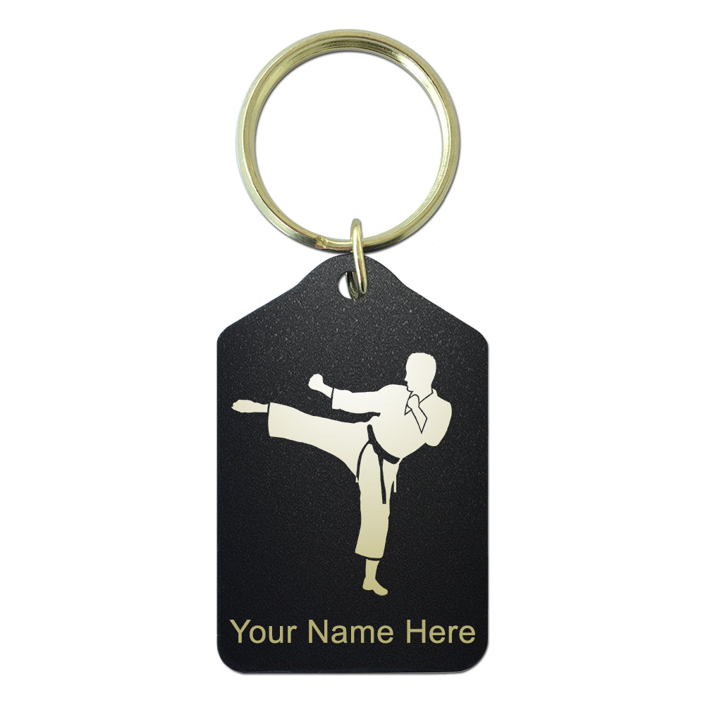 Black Metal Keychain, Karate Man, Personalized Engraving Included