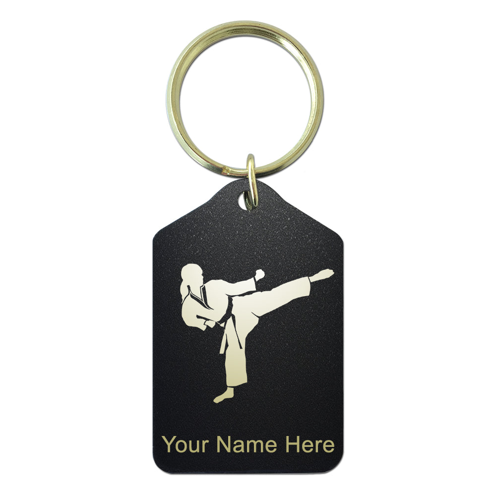 Black Metal Keychain, Karate Woman, Personalized Engraving Included