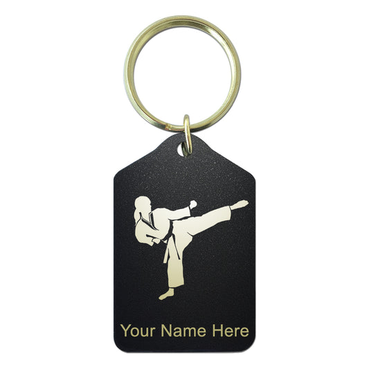 Black Metal Keychain, Karate Woman, Personalized Engraving Included