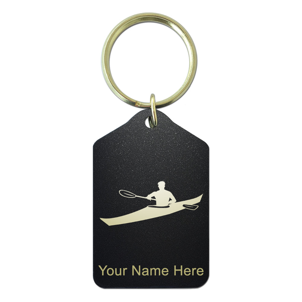 Black Metal Keychain, Kayak Man, Personalized Engraving Included