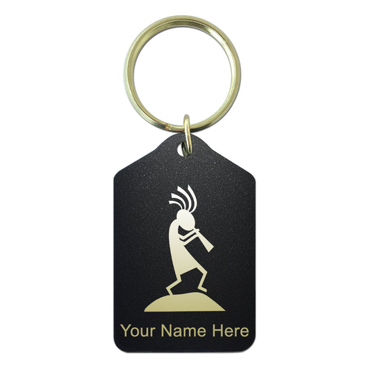 Black Metal Keychain, Kokopelli, Personalized Engraving Included