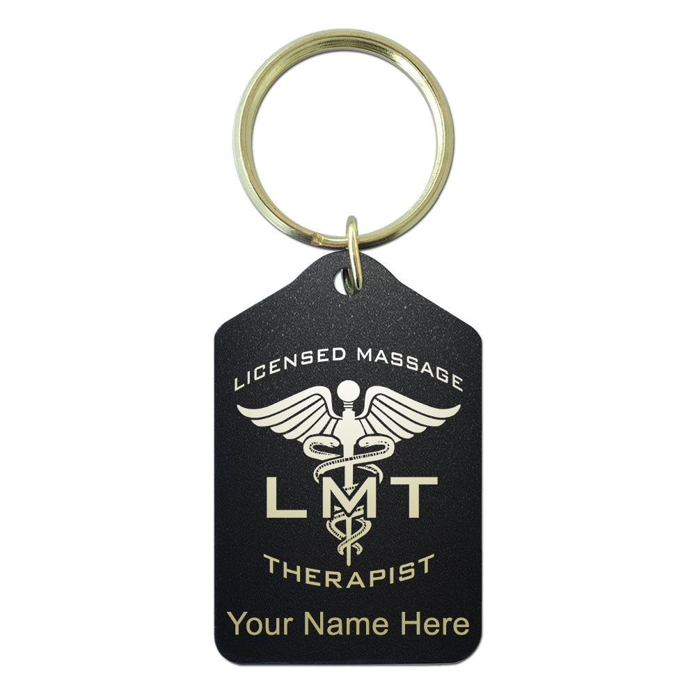 Black Metal Keychain, LMT Licensed Massage Therapist, Personalized Engraving Included