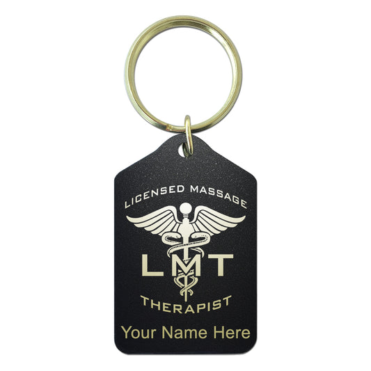 Black Metal Keychain, LMT Licensed Massage Therapist, Personalized Engraving Included