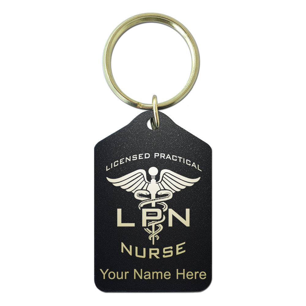 Black Metal Keychain, LPN Licensed Practical Nurse, Personalized Engraving Included