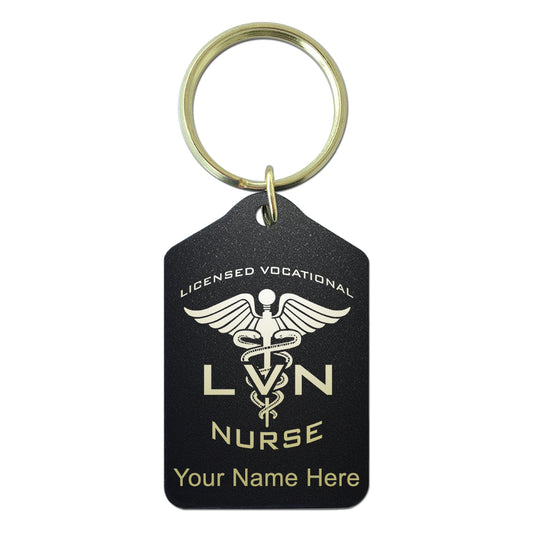 Black Metal Keychain, LVN Licensed Vocational Nurse, Personalized Engraving Included