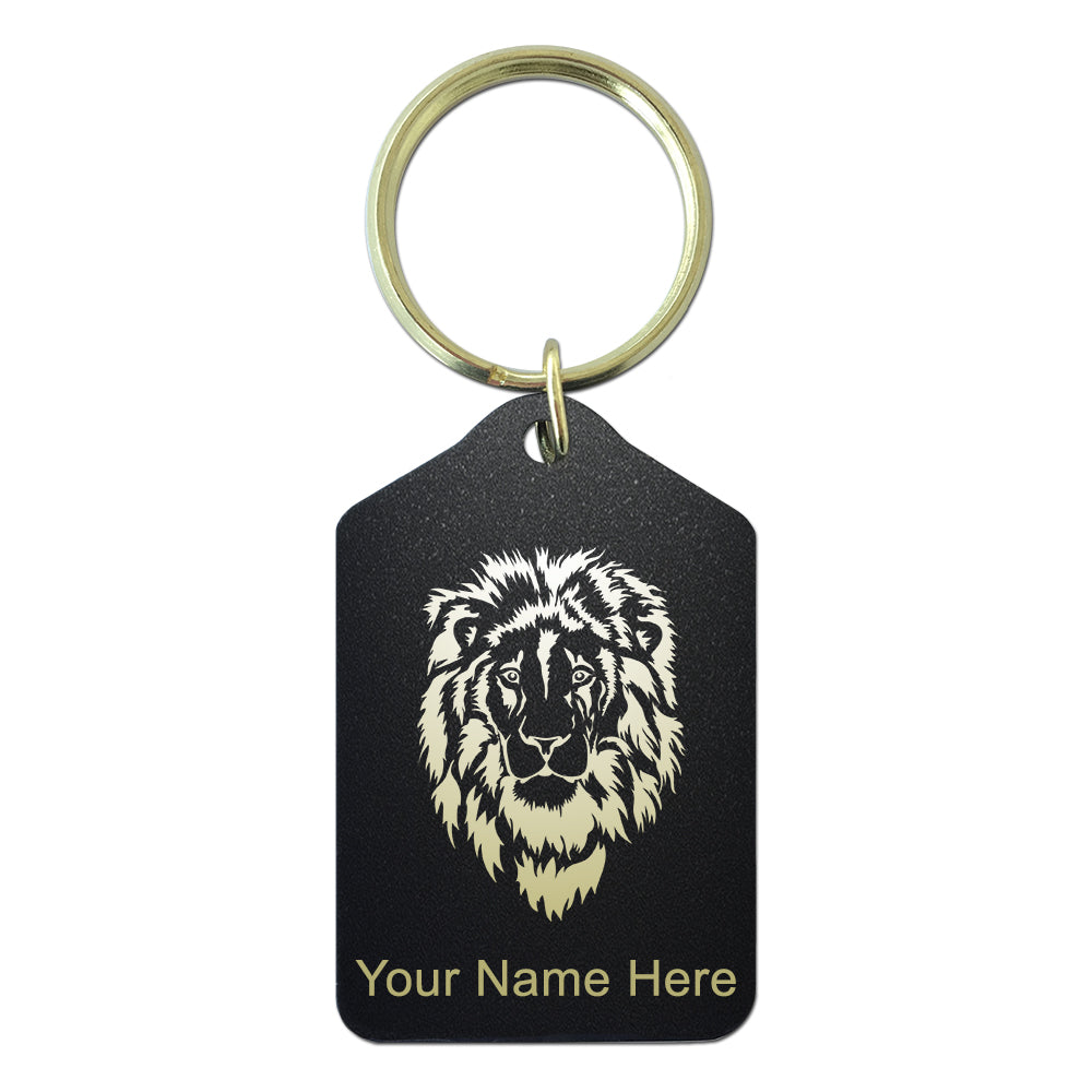 Black Metal Keychain, Lion Head, Personalized Engraving Included