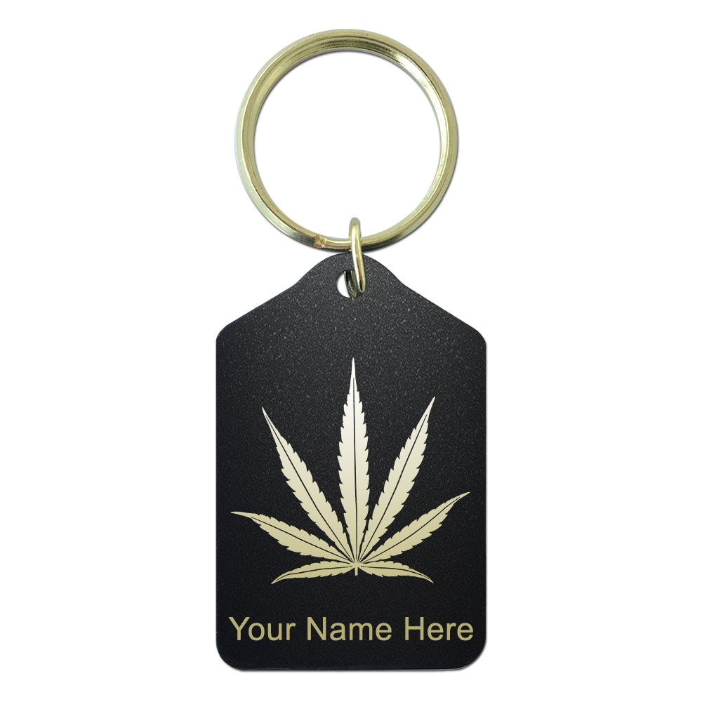 Black Metal Keychain, Marijuana leaf, Personalized Engraving Included