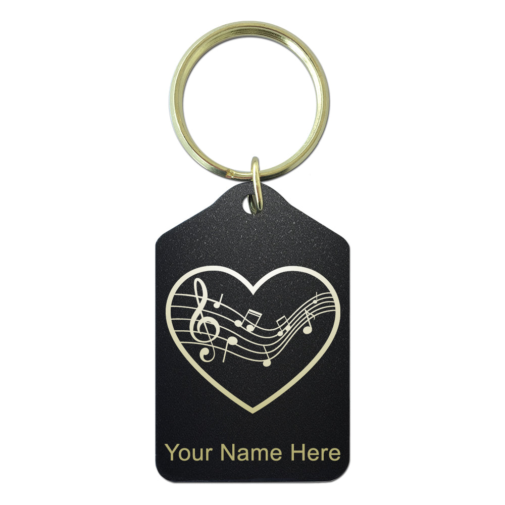 Black Metal Keychain, Music Staff Heart, Personalized Engraving Included