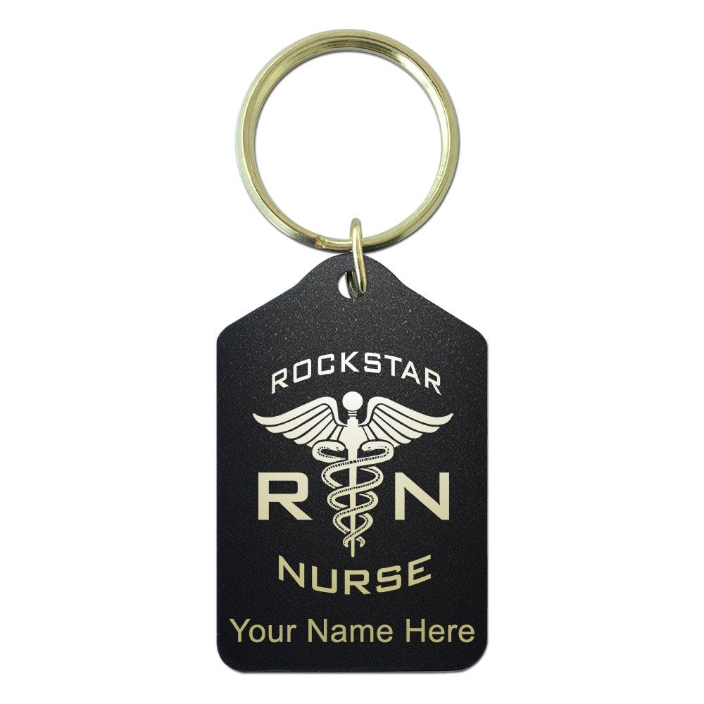 Black Metal Keychain, RN Rockstar Nurse, Personalized Engraving Included