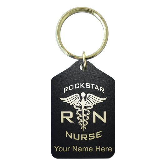 Black Metal Keychain, RN Rockstar Nurse, Personalized Engraving Included