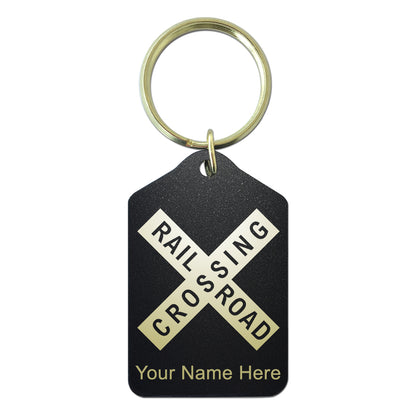 Black Metal Keychain, Railroad Crossing Sign 1, Personalized Engraving Included
