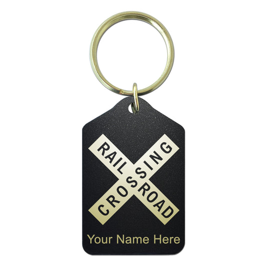 Black Metal Keychain, Railroad Crossing Sign 1, Personalized Engraving Included