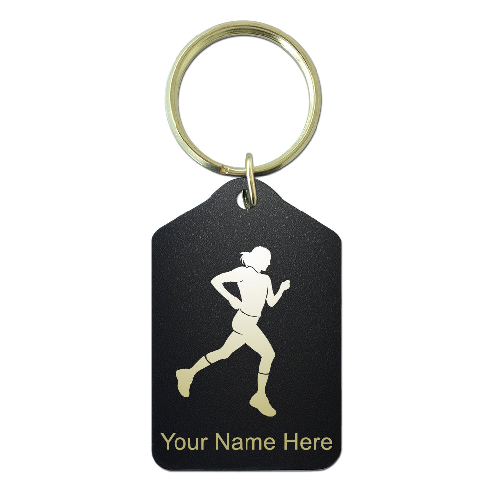 Black Metal Keychain, Running Woman, Personalized Engraving Included