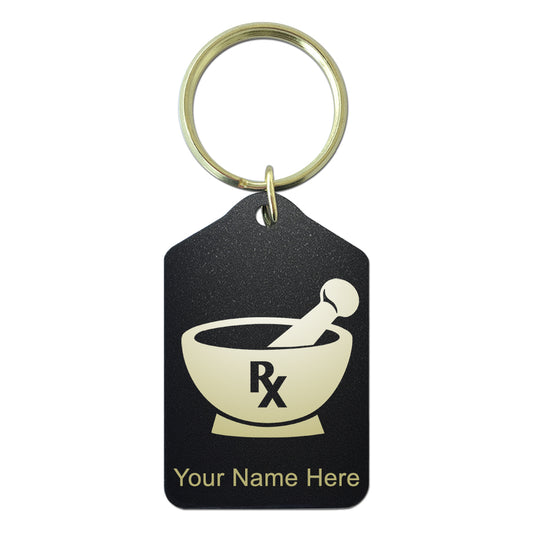 Black Metal Keychain, Rx Pharmacy Symbol, Personalized Engraving Included