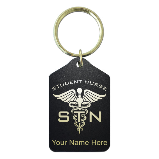 Black Metal Keychain, STN Student Nurse, Personalized Engraving Included
