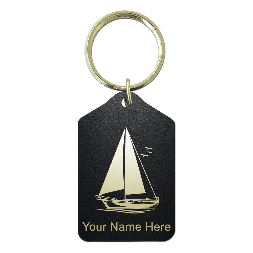Black Metal Keychain, Sailboat, Personalized Engraving Included