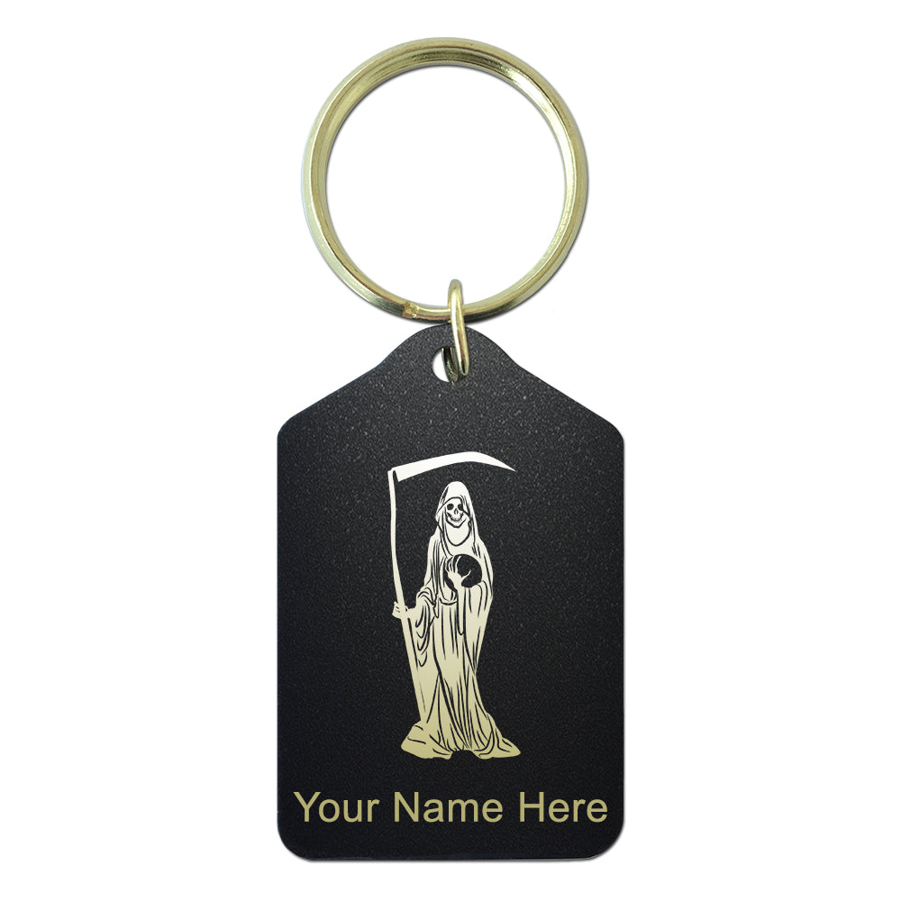 Black Metal Keychain, Santa Muerte, Personalized Engraving Included
