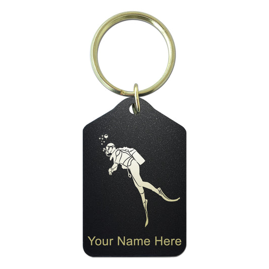 Black Metal Keychain, Scuba Diver, Personalized Engraving Included
