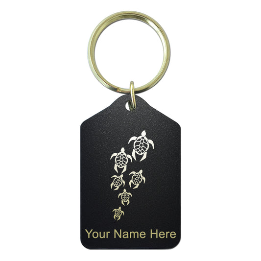 Black Metal Keychain, Sea Turtle Family, Personalized Engraving Included