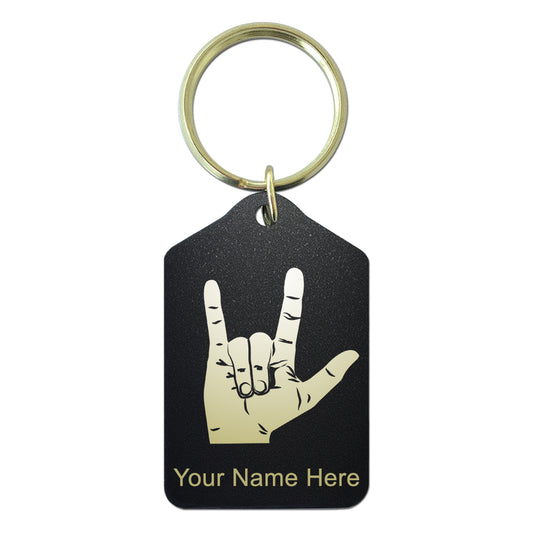 Black Metal Keychain, Sign Language I Love You, Personalized Engraving Included