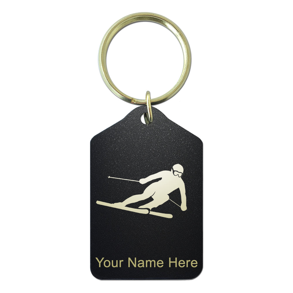 Black Metal Keychain, Skier Downhill, Personalized Engraving Included