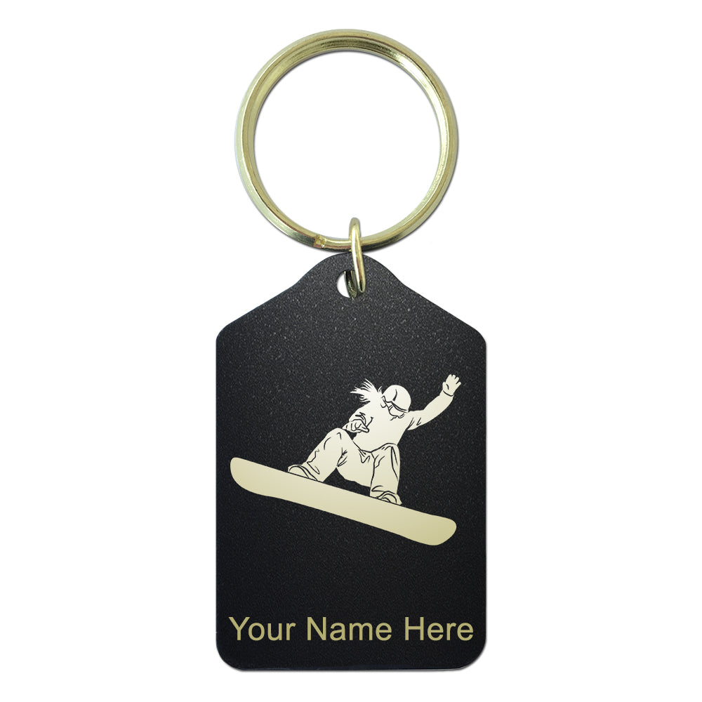Black Metal Keychain, Snowboarder Woman, Personalized Engraving Included
