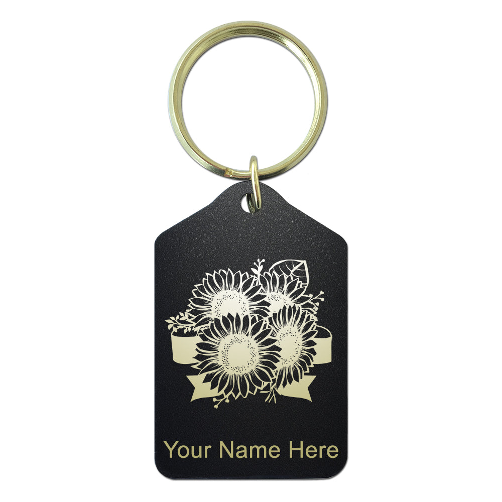 Black Metal Keychain, Sunflowers, Personalized Engraving Included
