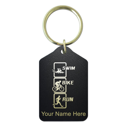 Black Metal Keychain, Swim Bike Run Vertical, Personalized Engraving Included