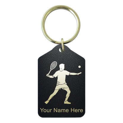 Black Metal Keychain, Tennis Player Man, Personalized Engraving Included