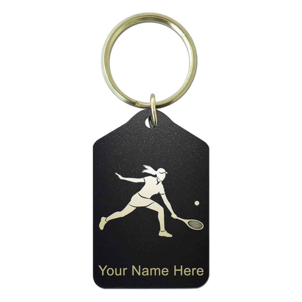 Black Metal Keychain, Tennis Player Woman, Personalized Engraving Included