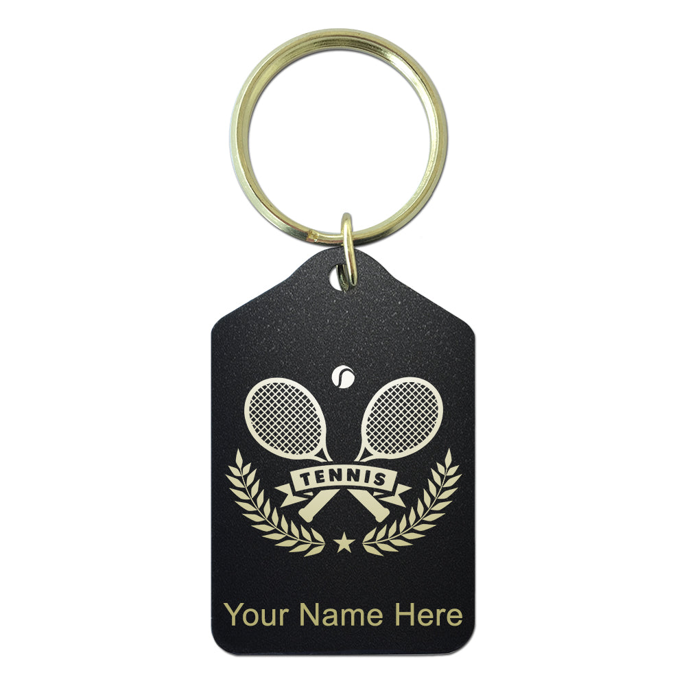 Black Metal Keychain, Tennis Rackets, Personalized Engraving Included