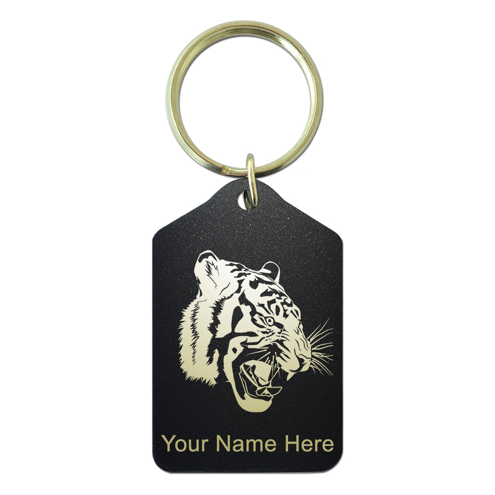Black Metal Keychain, Tiger Head, Personalized Engraving Included
