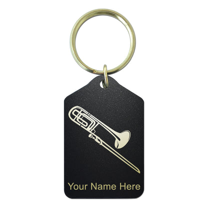 Black Metal Keychain, Trombone, Personalized Engraving Included