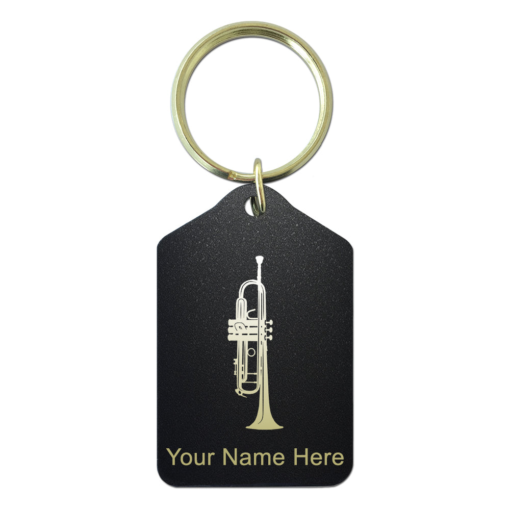Black Metal Keychain, Trumpet, Personalized Engraving Included