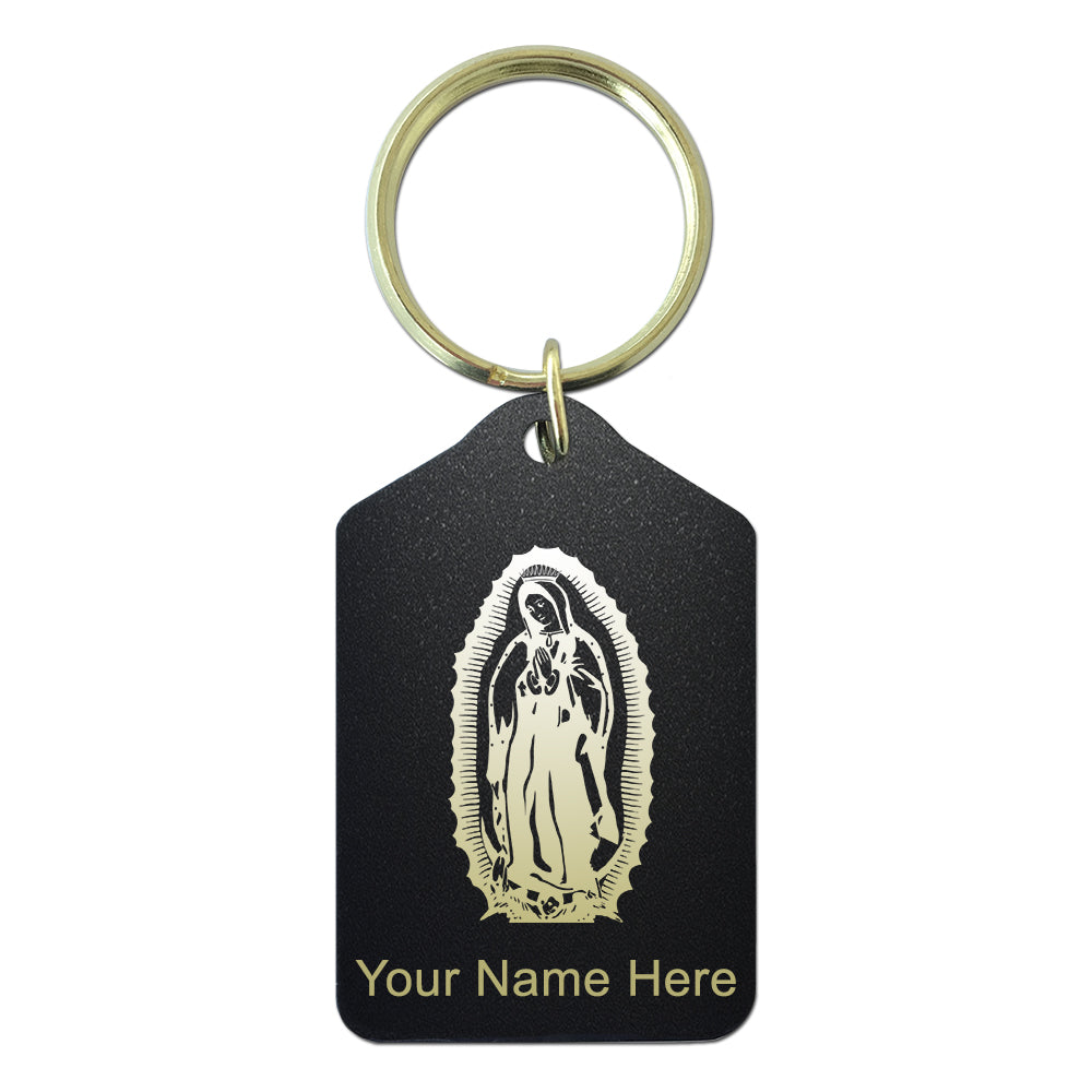 Black Metal Keychain, Virgen de Guadalupe, Personalized Engraving Included