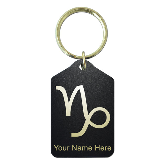 Black Metal Keychain, Zodiac Sign Capricorn, Personalized Engraving Included