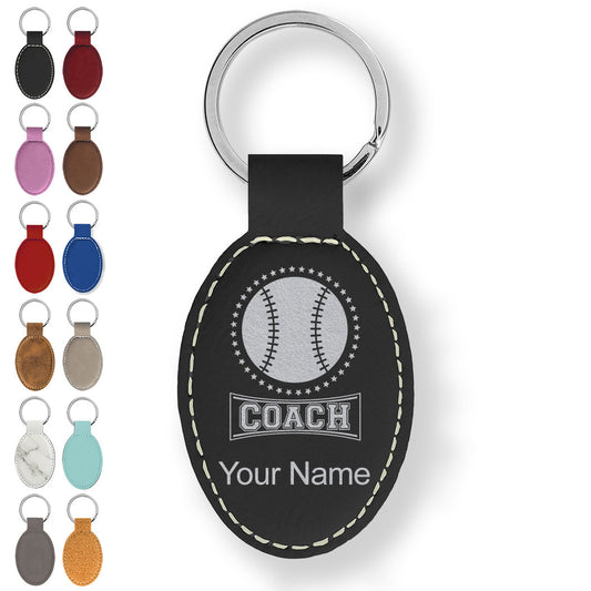 Faux Leather Oval Keychain, Baseball Coach, Personalized Engraving Included