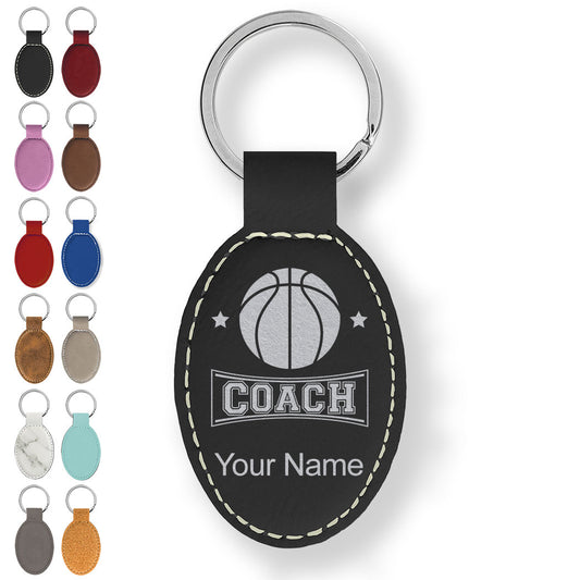 Faux Leather Oval Keychain, Basketball Coach, Personalized Engraving Included