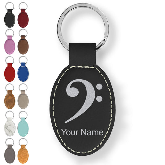 Faux Leather Oval Keychain, Bass Clef, Personalized Engraving Included