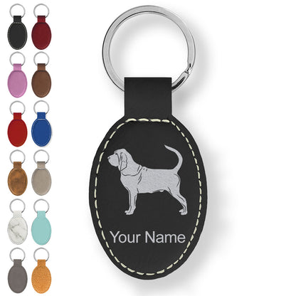 Faux Leather Oval Keychain, Bloodhound Dog, Personalized Engraving Included