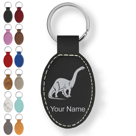 Faux Leather Oval Keychain, Brontosaurus Dinosaur, Personalized Engraving Included