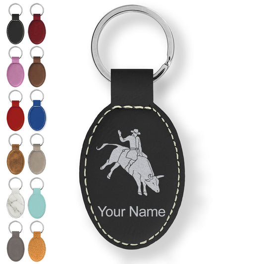Faux Leather Oval Keychain, Bull Rider Cowboy, Personalized Engraving Included