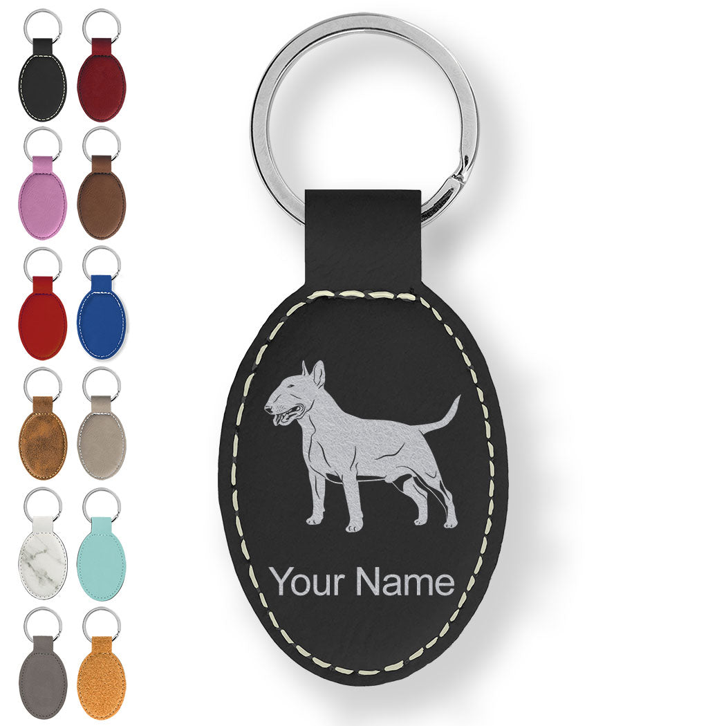 Faux Leather Oval Keychain, Bull Terrier Dog, Personalized Engraving Included