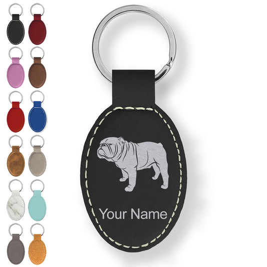 Faux Leather Oval Keychain, Bulldog Dog, Personalized Engraving Included