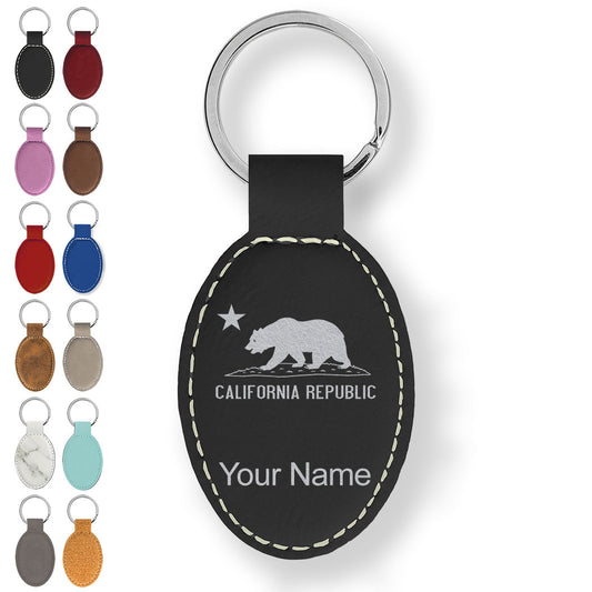 Faux Leather Oval Keychain, California Republic Bear Flag, Personalized Engraving Included