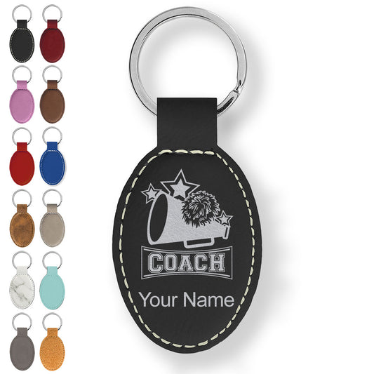 Faux Leather Oval Keychain, Cheerleading Coach, Personalized Engraving Included