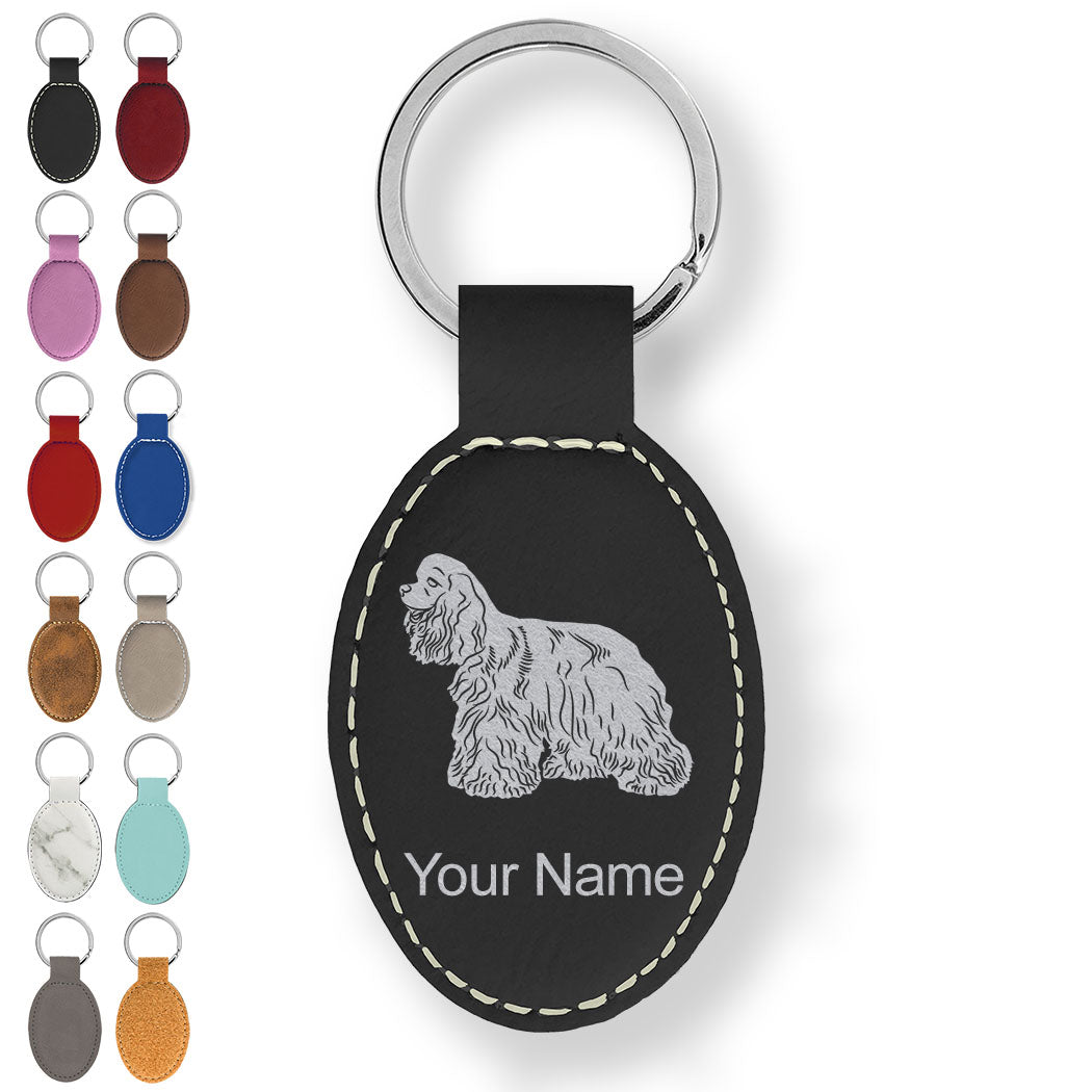 Faux Leather Oval Keychain, Cocker Spaniel Dog, Personalized Engraving Included