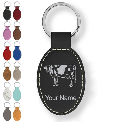 Faux Leather Oval Keychain, Cow, Personalized Engraving Included